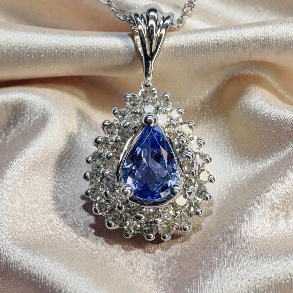 10K White Gold - Natural Tanzanite & Diamond Necklace -18" Double Halo 1CT- 1.6g